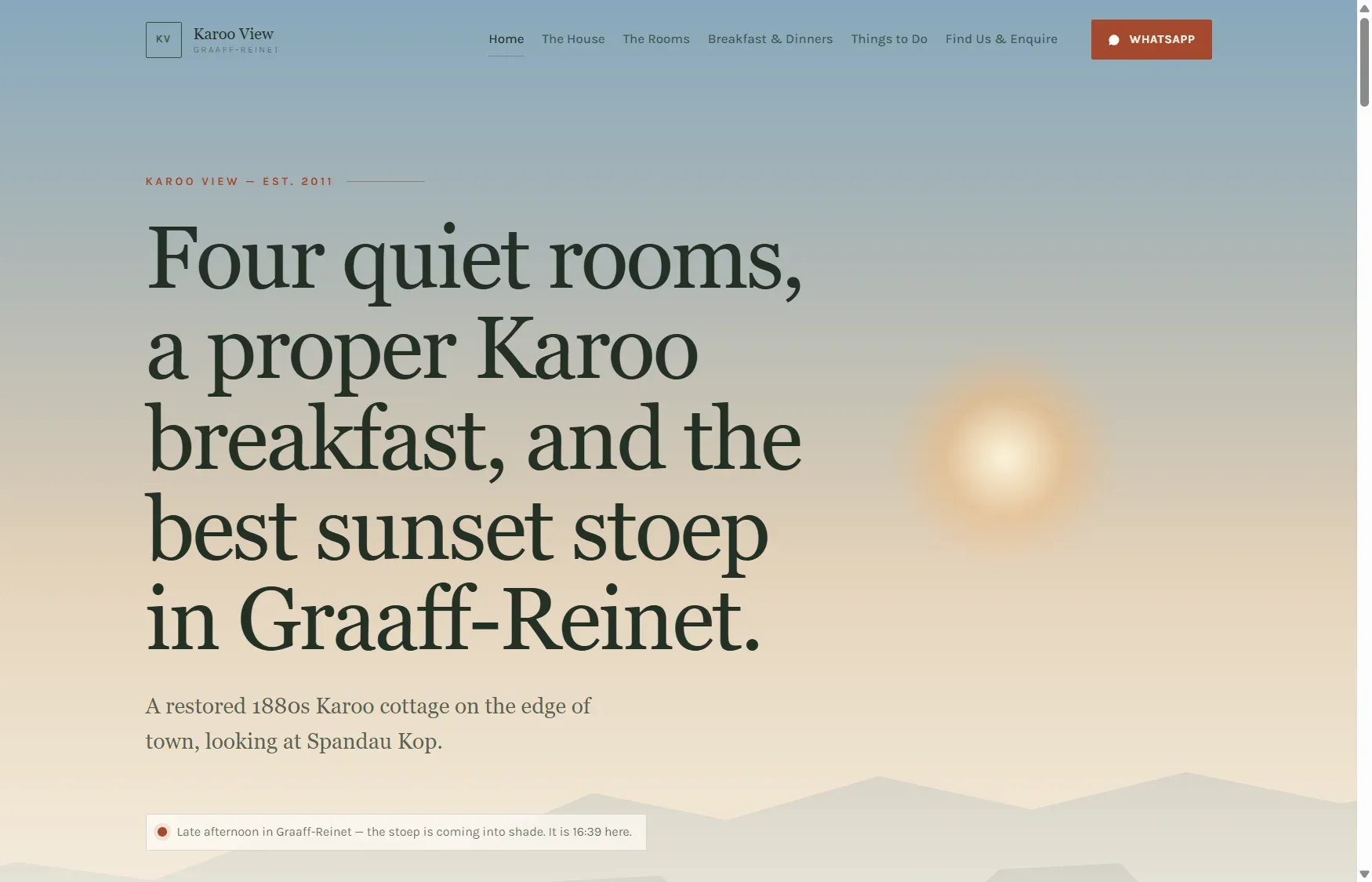 The Karoo View Guesthouse home page, live, in a desktop browser: a cream page, a light serif headline about four quiet rooms, and a painted Karoo horizon under the hero.
