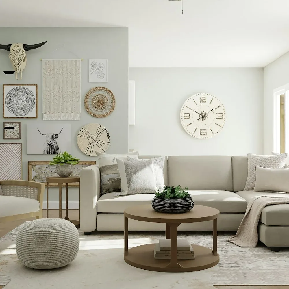 A styled living-room set in a homeware shop — sofa, coffee table and woven wall pieces
