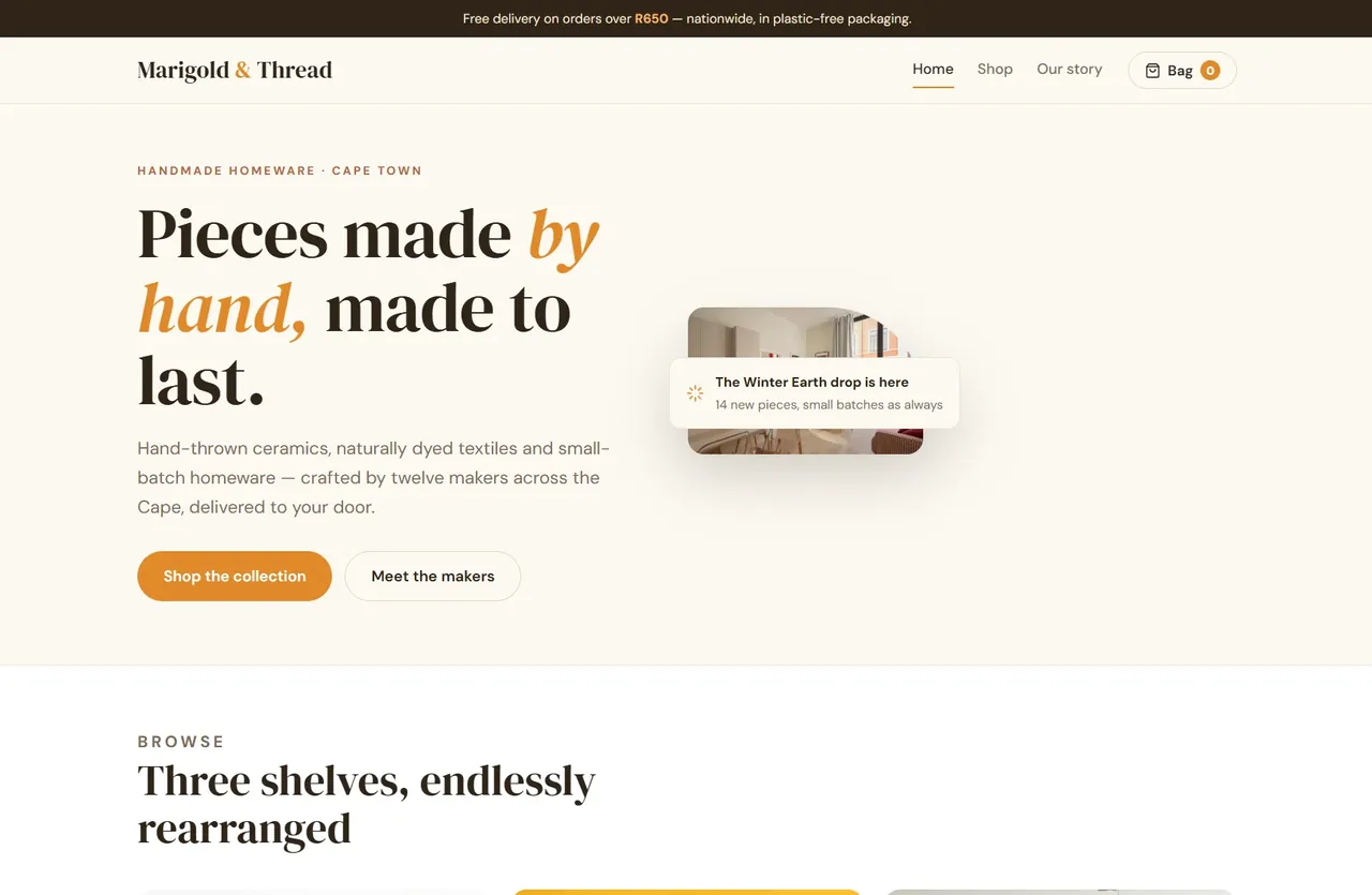 The Marigold & Thread shop home page — warm product grid with prices and a Buy button