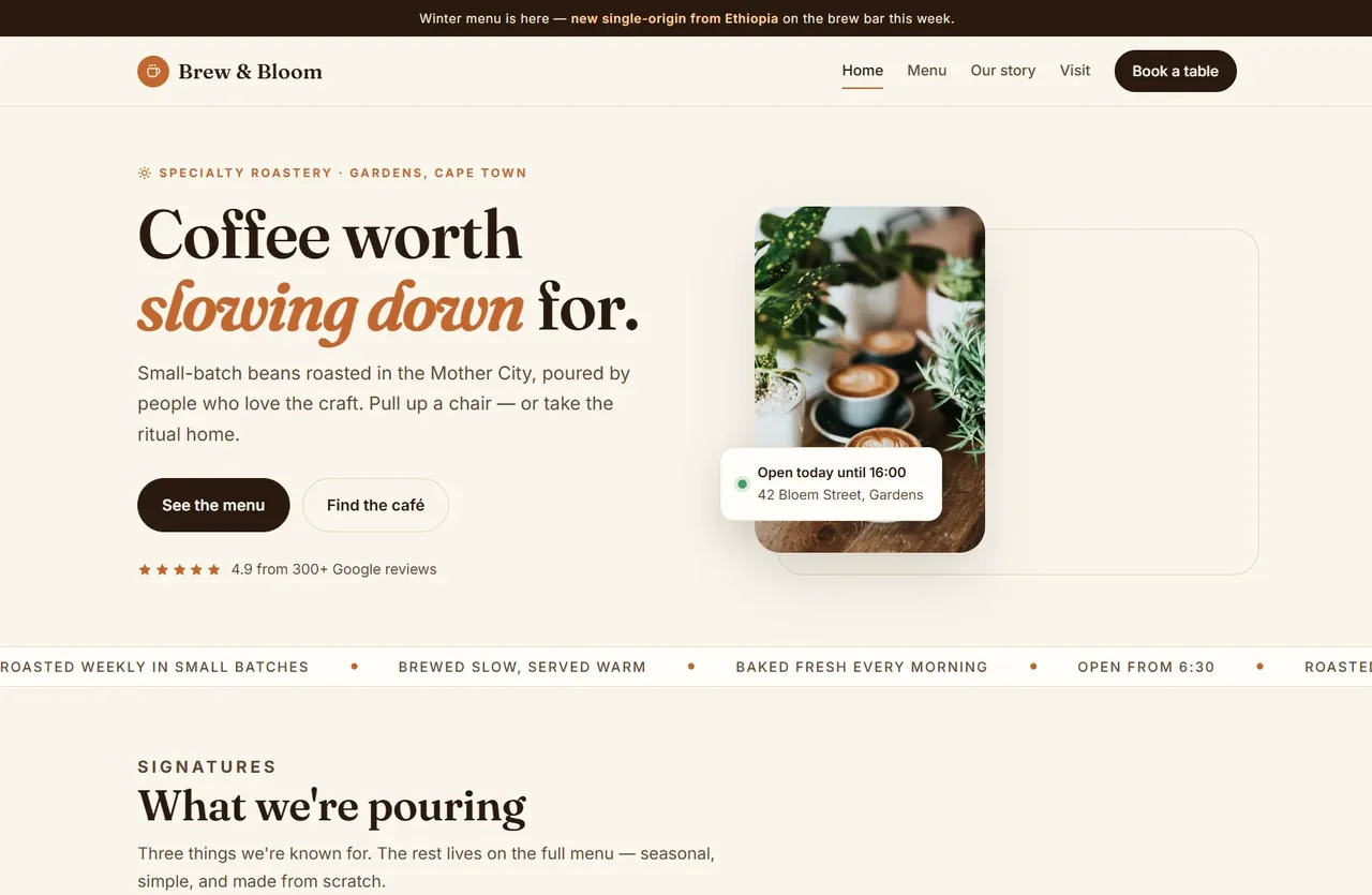 The Brew & Bloom café home page — cream and espresso palette, editorial serif headline, opening hours card over a photo of the brew bar
