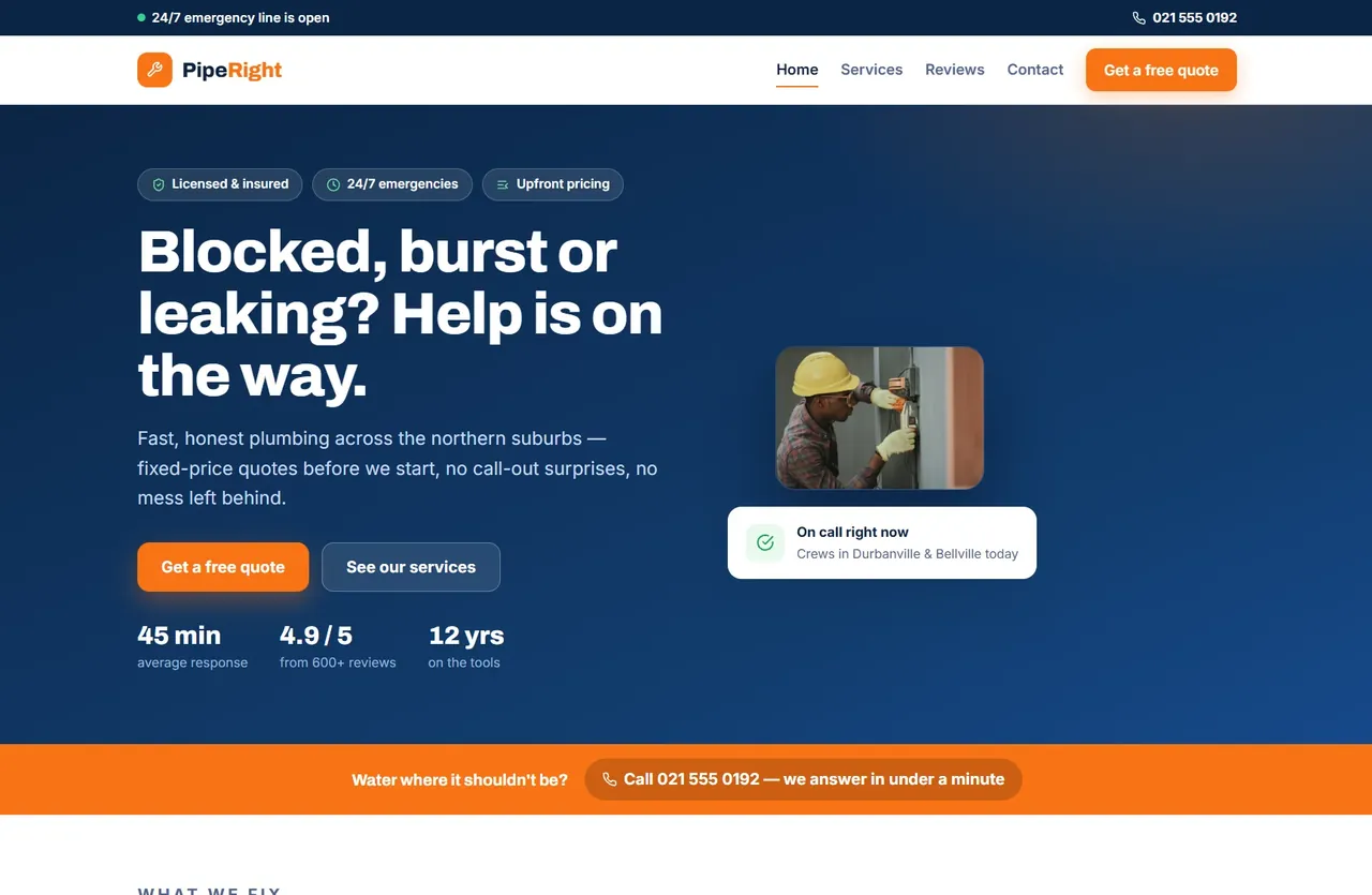 The PipeRight plumbing home page — high-contrast trade site with a call-out banner and a photo of a plumber on a job