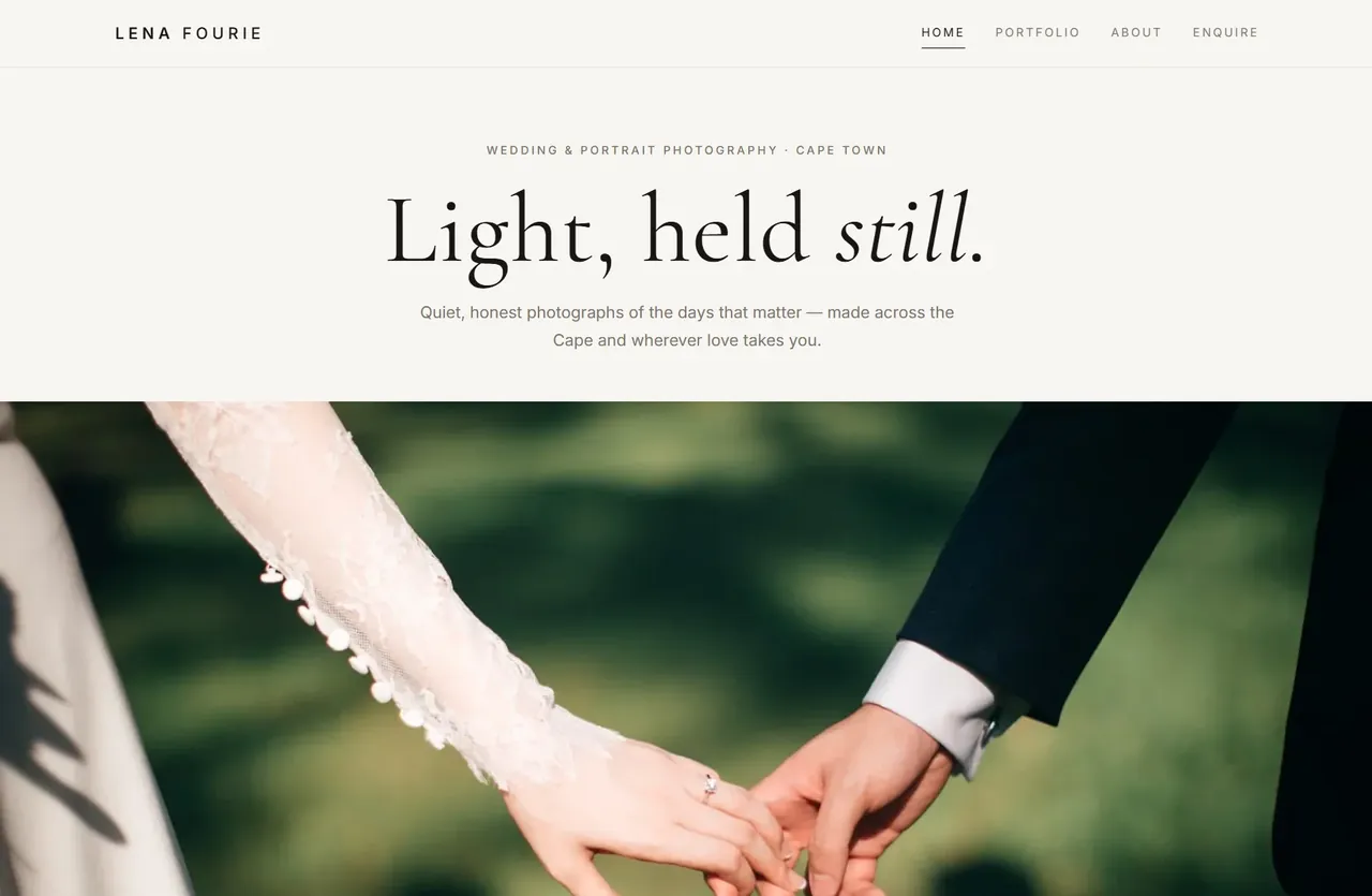 The Lena Fourie photography home page — quiet off-white layout, large serif headline and a full-bleed wedding photograph