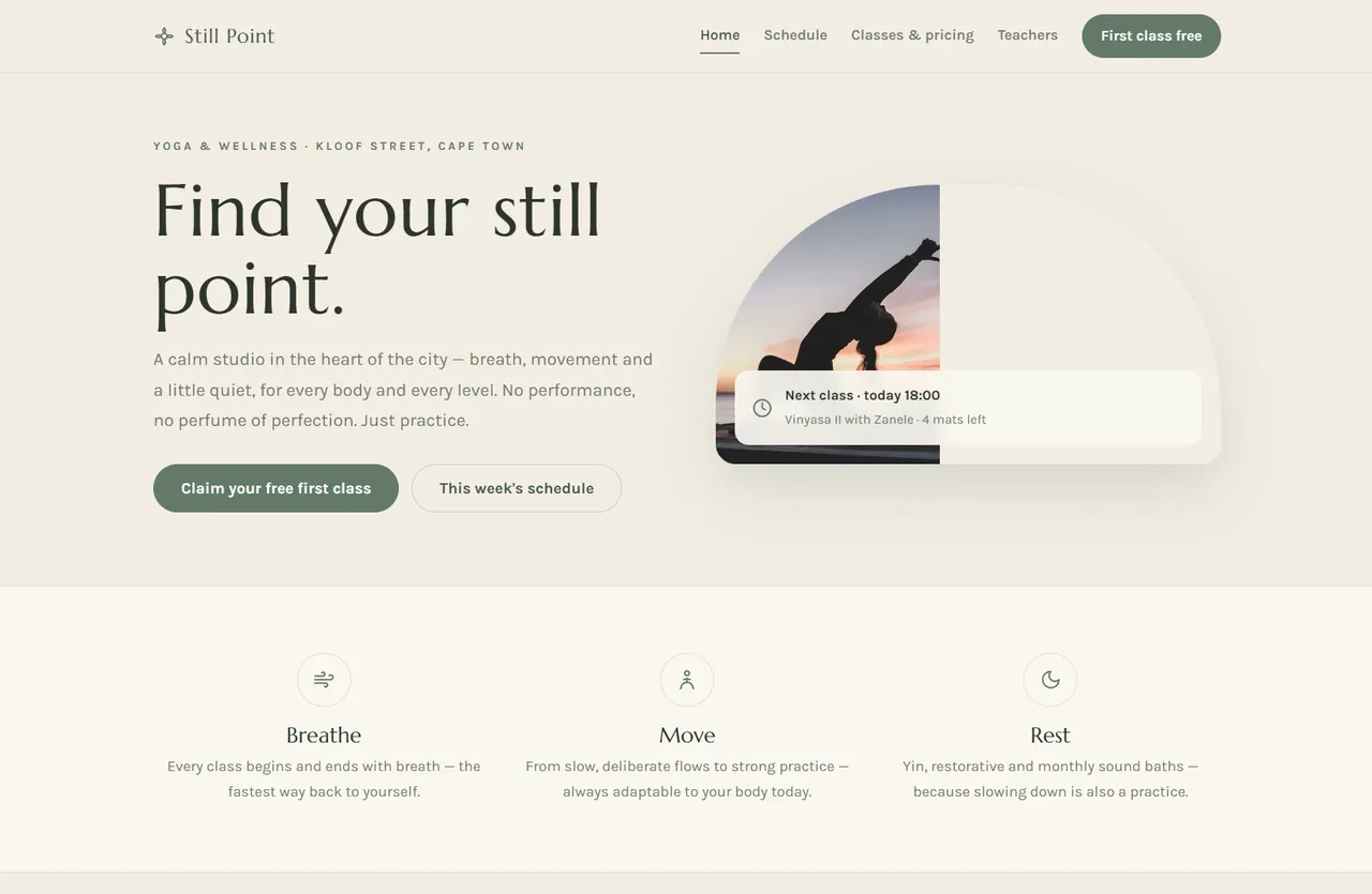 The Still Point yoga studio home page — soft neutral palette with a class timetable